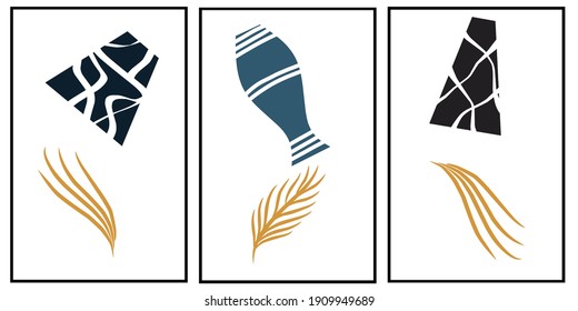 Set of three vase and plant wall art. Blue, gold and black color of wall decor. Minimalist design concept with Scandinavian style of home decorations. Vector Ilustration.