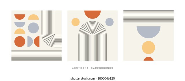 Set of three Vector Abstract Backgrounds. Circles, Lines, Curves. Geometrical Design, line art. Minimalistic boho elegant concept. Square Patterns are isolated on white. Pastel colors. Poster template