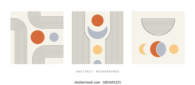 Set of three Vector Abstract Backgrounds. Circles, Lines, Curves. Geometric Design, line art. Minimalistic boho elegant concept. Square Patterns are isolated on white. Pastel colors. Poster template