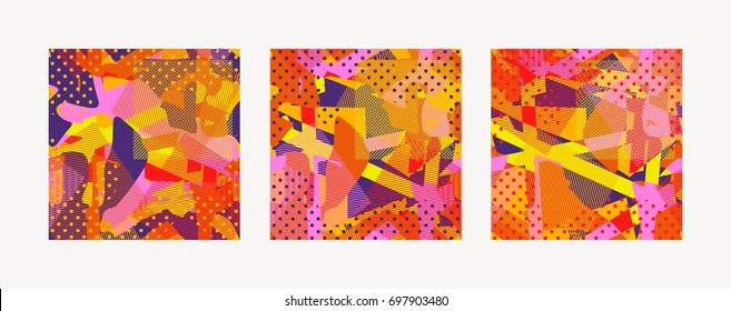 A set of three vector abstract backgrounds for cards, banners, leaflets or a pattern for fabric. Seamless texture for design. Illustration in the style of pop art. Composition with dots, lines, spots