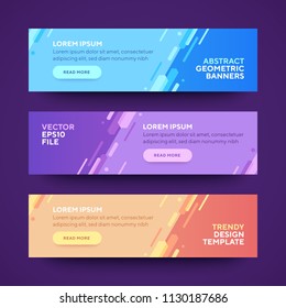 Set of three vector abstract baners. Trendy modern flat material design style. Blue, purple and orange colors. Text placeholder.