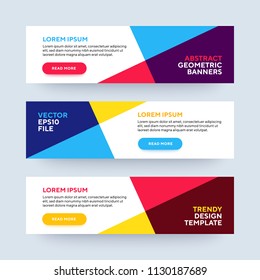 Set of three vector abstract baners. Trendy modern flat material design style. Blue, red and yellow colors. Text placeholder.