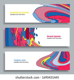 Set of three vector abstract baners. Trendy modern flat material design style. Blue, red and yellow colors. Text placeholder.