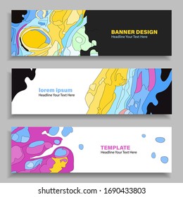 Set of three vector abstract baners. Trendy modern flat material design style. Blue, yellow, violet and black colors. Text placeholder.