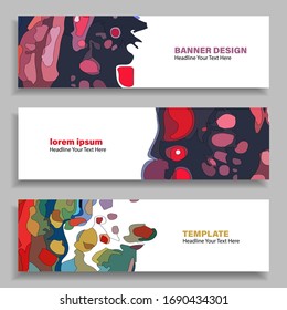 Set of three vector abstract baners. Trendy modern flat material design style. Red and other colors. Text placeholder.