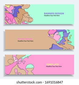 Conjunto de tres baners vectoriales abstractos. Diseño moderno de materiales planos. Colores arcoiris. Marcador de posición de texto.