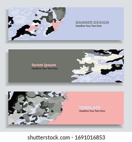 Set of three vector abstract baners. Trendy modern flat material design style. Rainbow colors. Text placeholder.