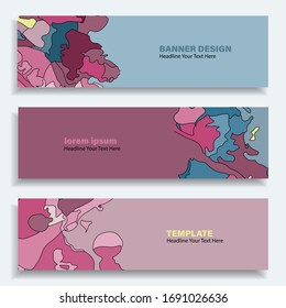 Conjunto de tres baners vectoriales abstractos. Diseño moderno de materiales planos. Colores arcoiris. Marcador de posición de texto.