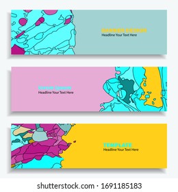 Set of three vector abstract baners. Trendy modern flat material design style.  Pastel colors. Text placeholder.