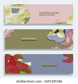 Set of three vector abstract baners. Trendy modern flat material design style.  Pastel colors. Text placeholder.