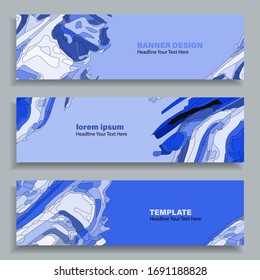 Conjunto de tres baners vectoriales abstractos. Diseño moderno de materiales planos. Colores azules. Marcador de posición de texto.