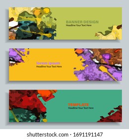 Set of three vector abstract baners. Trendy modern flat material design style.  Orange blue green yellow colors. Text placeholder.