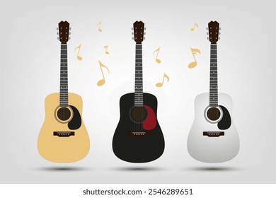 Set of three vector acroustic guitars with musical icons on white background, three collection of acroustic guitars music elements is used for singers.