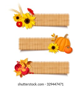 Set of three vector autumn banners with pumpkins, sunflowers, gerbera flowers, apples and leaves.