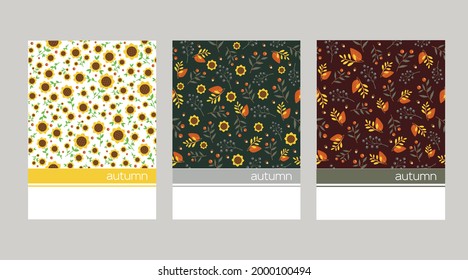 conjunto de tres tarjetas vectoriales de saludo de otoño con saludo floral de hojas de otoño, bayas, girasoles y bellotas. Plantilla de póster de la tarjeta de saludo con ánimo de otoño.