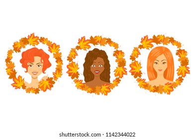 Set of three vector autumn illustrations of european, asian and african girls in the cirles of maple leaves. Isolated on the white background.