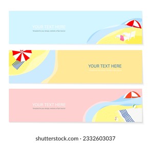 Set von drei Vektorbanner mit Strand, Meer und Regenschirm. Sommer hellrosa Banner.