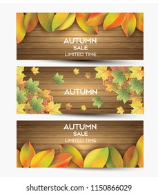 Set of three vector banners with colorful autumn leaves.