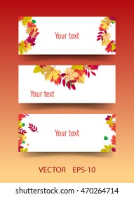 Set of three vector banners with colorful autumn leaves. Hello autumn, nature background
