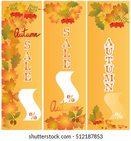 Set of three vector banners with colorful autumn leaves.