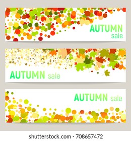 Set of three vector banners with colorful autumn leaves and circles on a white background. Autumn banners with leaves and circles. Vector illustration.