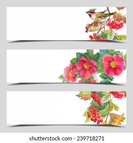 Set of three vector banners, Floral cards with a field for text, full image under mask, vector illustration