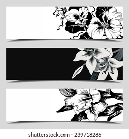Set of three vector banners, Floral cards with a field for text, full image under mask, vector illustration