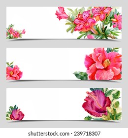 Set of three vector banners, Floral cards with a field for text, full image under mask, vector illustration