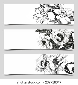 Set of three vector banners, Floral cards with a field for text, full image under mask, vector illustration