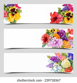 Set of three vector banners, Floral cards with a field for text, full image under mask, vector illustration