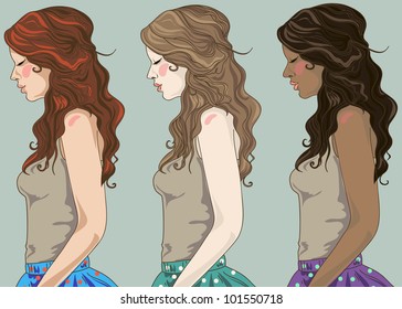 Set of three vector beautiful woman's profiles for your fashion design