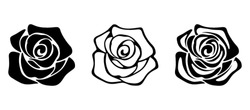 Három Vektor Fekete Sziluettek Rózsa Virágok Elszigetelt Fehér Background.