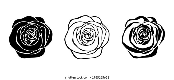 Set of three vector black silhouettes and line art illustrations of rose flowers isolated on a white background.