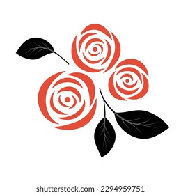 Set of three vector black silhouettes of rose flowers isolated on a white background.