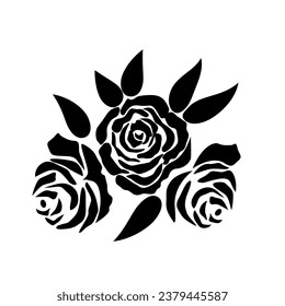 Set of three vector black silhouettes of rose flowers isolated on a white background.