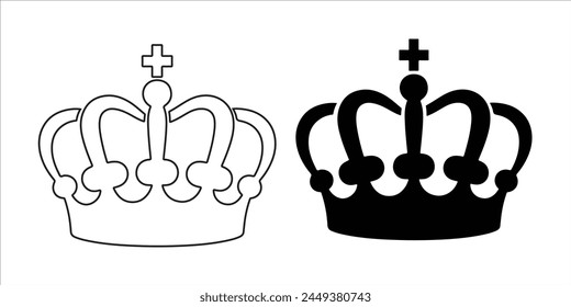 Set of three vector black silhouettes of crowns isolated on a white background.