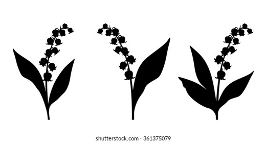 Set Of Three Vector Black Silhouettes Of Lily Of The Valley Flowers On A White Background.