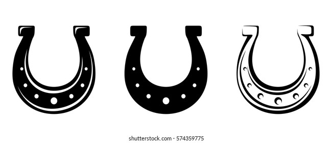 Set of three vector black silhouettes of horseshoes isolated on a white background.