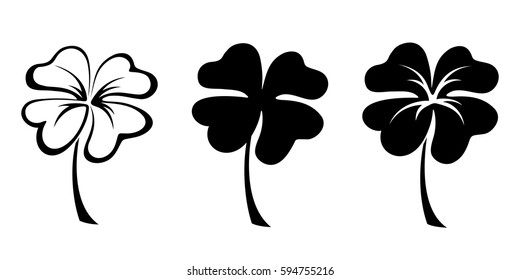 Set of three vector black silhouettes of four leaf clovers.