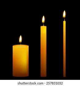 Set of three vector candles on dark background. Vector EPS10 illustration. 