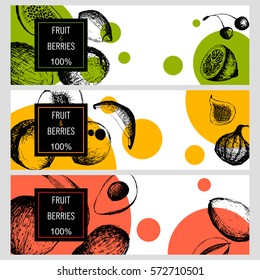 set with three vector card templates with tropic hand drawn fruits colorful bubbles and text label 