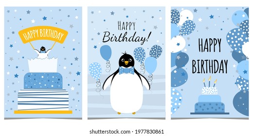 Set Of Three Vector Cards For Children's Birthday. Boy Birthday Card With Penguin, Balloons And Cake In Blue Colors.