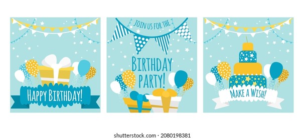 Set of three vector cards for children's birthday.Boy birthday card with gift, cake and baloons. Happy birthday card in light blue and yellow colors. Square postcards in flat style, isolated on white.
