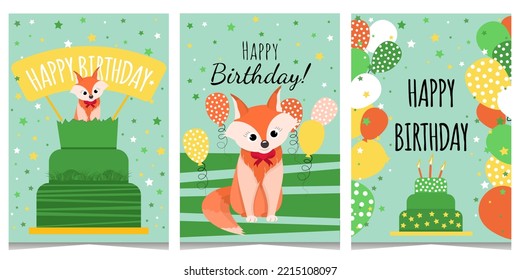 Set of three vector cards for children's birthday.Boy and girl birthday card in A4 vertical format  with little fox, balloons and cake in green, yellow and orange colors. Isolated on white background.