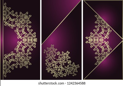 Set of three vector cards with a floral decoration on violet background  