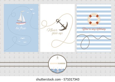 Set of three vector cards templates in marine style. Sailboat, anchors and lifebuoy.