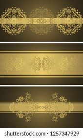 Set of three vector cards with a vintage decorative borders in a gold