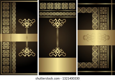 Set of three vector cards. Vintage luxury gold frames   