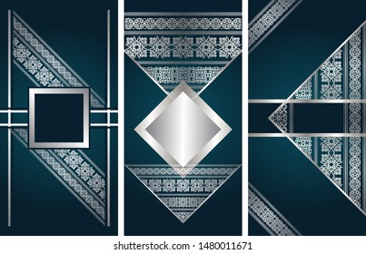 Set of three vector cards with a vintage decorative silver frames on blue floral background   