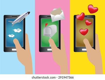 Set of three vector cartoon illustration of left hand holding handphone with images of application software coming out of touch screen.